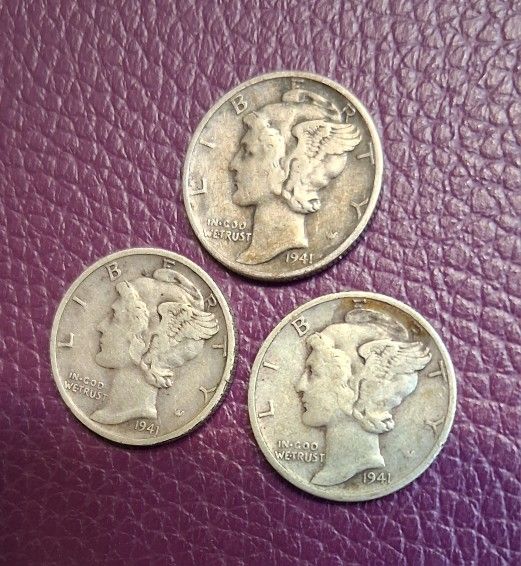 1941 P-D-S Mercury Dime 90% Silver Coin 