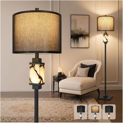 62" Floor Standing Lamp, Alabaster Night Light, Faux Silk Shade, Rotary Switch (Bulb Included)