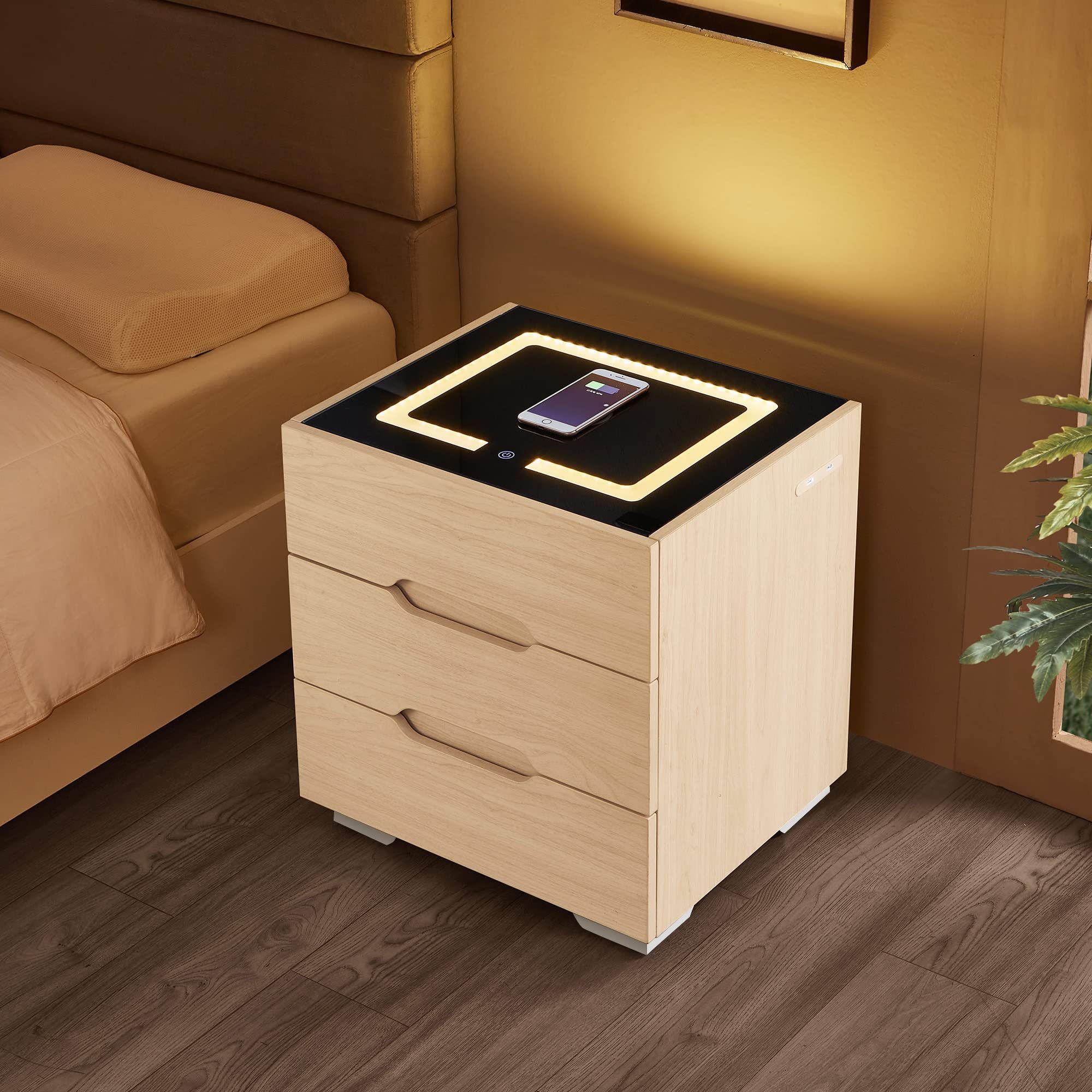 OLD CAPTAIN Nightstands Wireless Charging Station and LED Lights, Modern End Side Table with 3 Drawer. Nightstand Storage Cabinet for Bedroom 