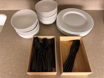 6 piece Dish Set with Utensils and bamboo drawer organizers