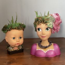 Rapunzel One Of A Kind Doll Pot With Live Aloe Vera Plant Boy head Also Posted And Sold Separatetly 