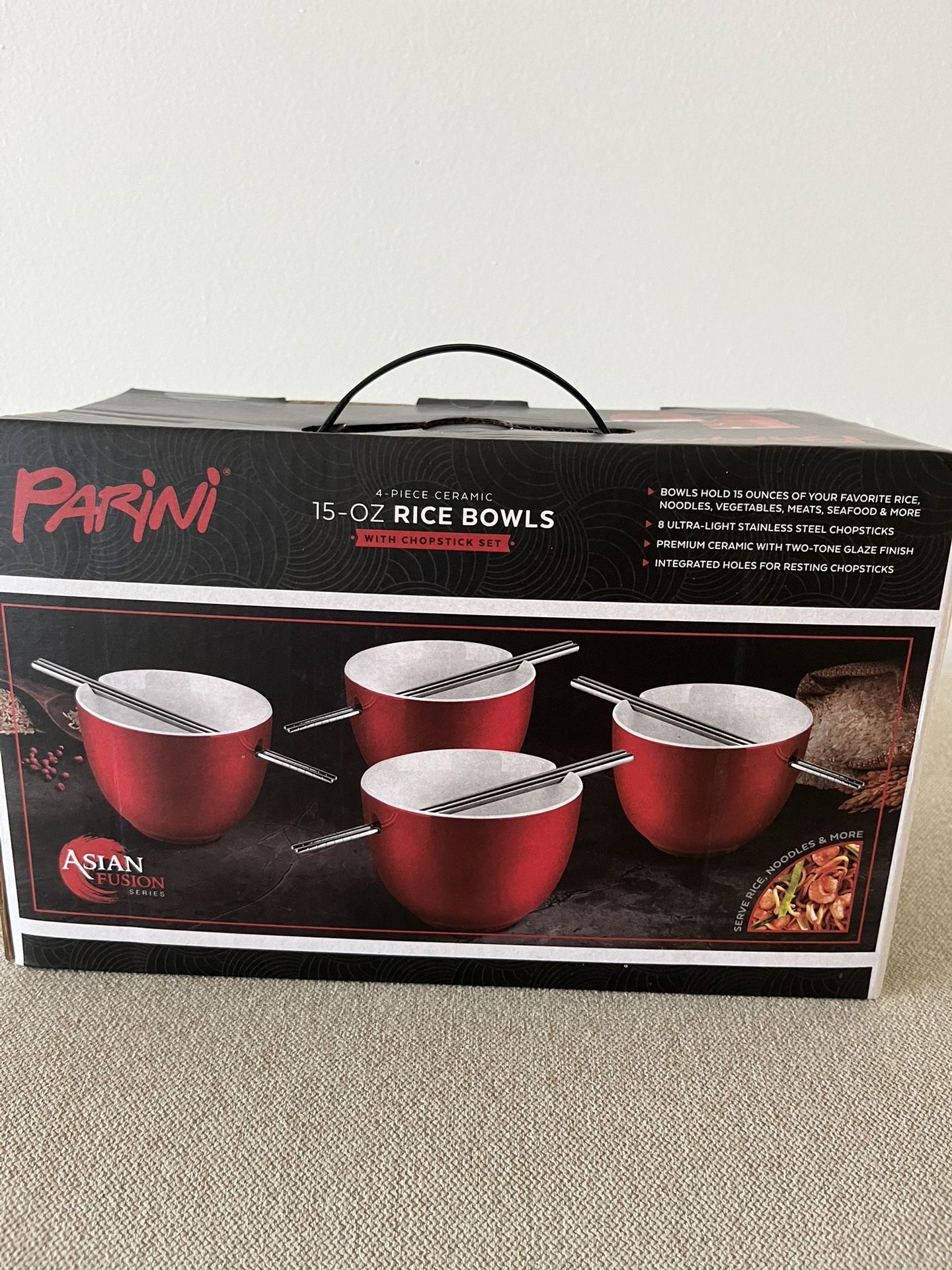 NEW Parini Set Of 4 Red Ceramic Rice Bowls With Stainless Steel Chopsticks