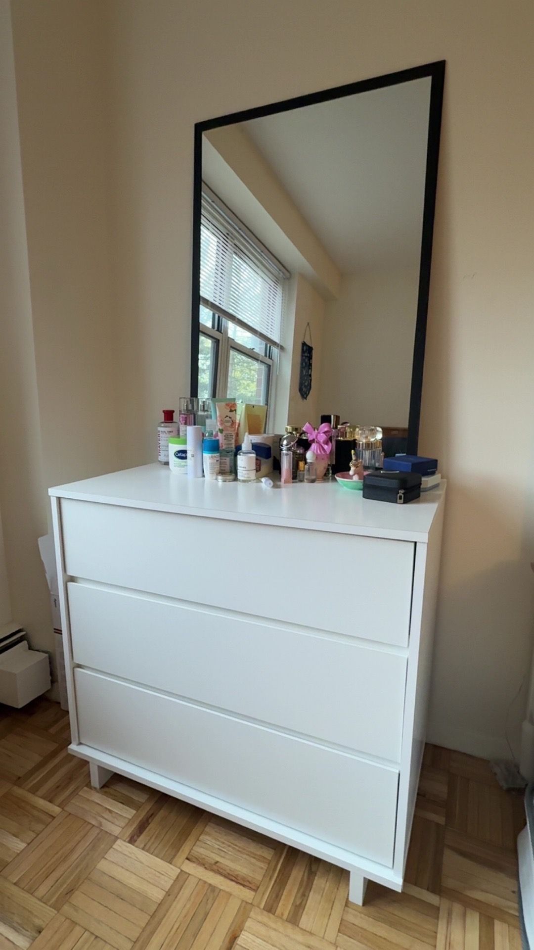 White Minimalist Dresser + Large Mirror Set — $160