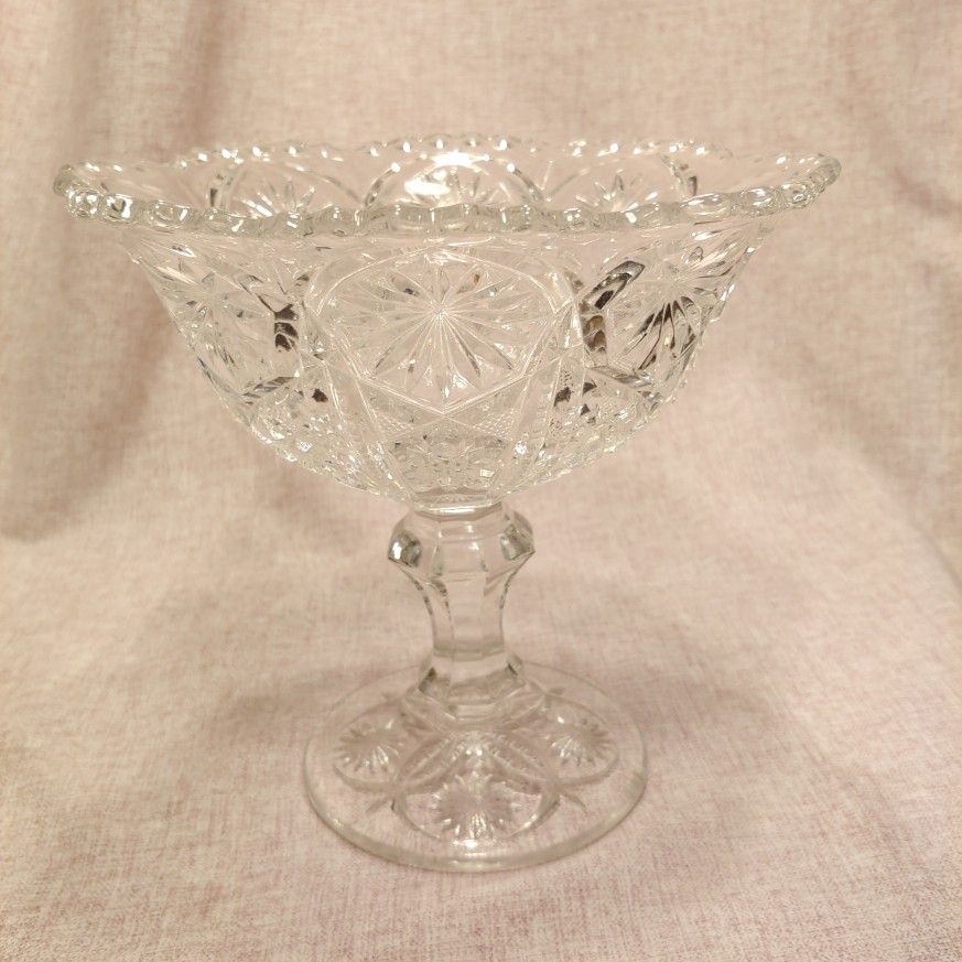 Antique Clear Glass 7" Pressed Pedestal Star Pattern Candy Bowl Compote Dish