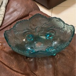 Vintage Blue Glass Footed Bowl