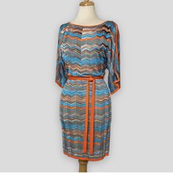 Trina Turk Blue & Orange Chevron Print Knit Dress - Size Small