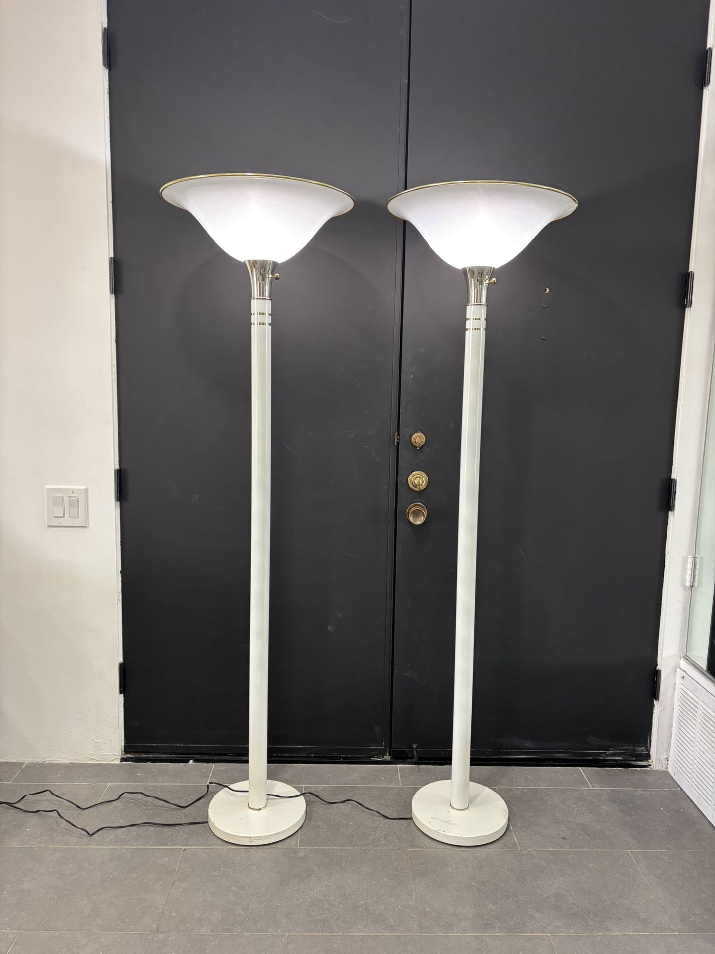 Pair of Vintage White, Metal, and Gold Tone Torchiere Style Postmodern Vintage Lamps