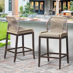 Set of 3 Outdoor Bar Stools, Rattan Outdoor Counter Height Bar Stools, 26.5" H Woven Rope Patio Bar Chairs with Aluminum Legs, Apricot Black