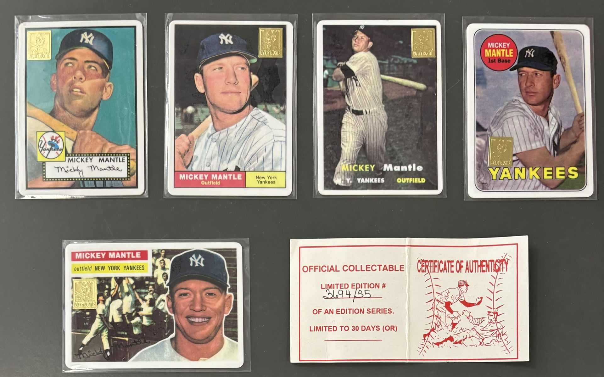 R&N Archives Mickey Mantle Limited Edition Reprint Porcelain Baseball Cards Lot of (5) w/Stand