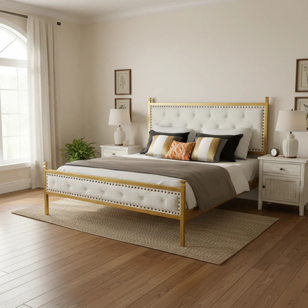 Homy Casa Veleda Cream Beige Upholstered Queen Bed Frame with Gold Accents Display Sample Bedroom Furniture for Apartment Home