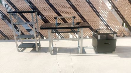 Modern Glass & Metal Desk Set 3 Piece with Bookshelf & Drawer Unit, Pickup Only