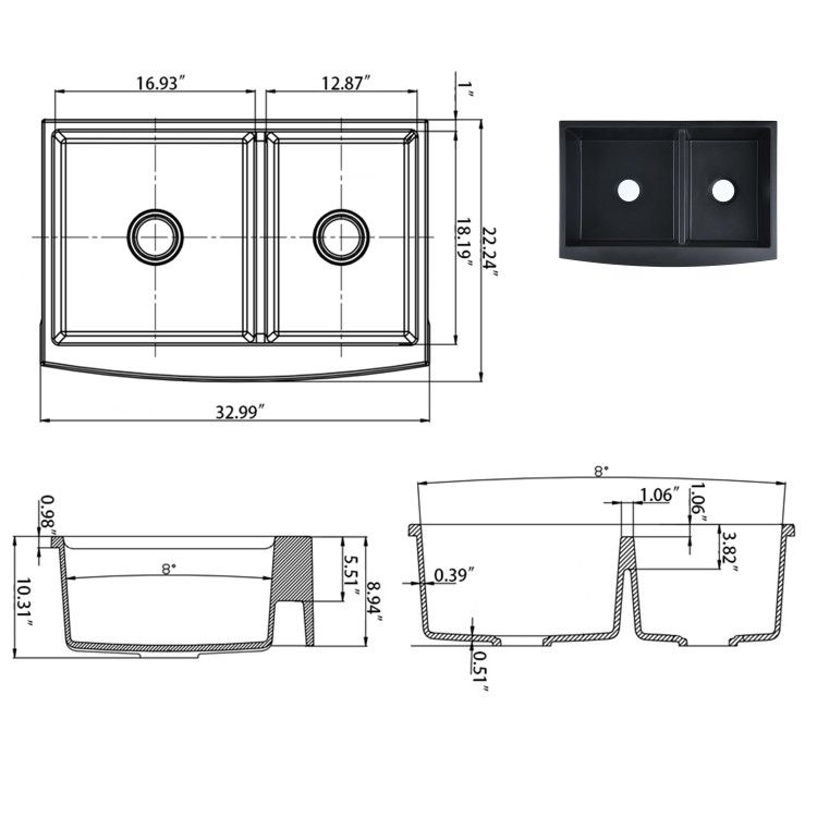 Quartz Classic 33" L x 22 " W Undermount Kitchen Sink Black Kitchen
