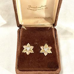 Vintage Like New Nickel Size Solid Gold, Leaf Design Earrings With Six Diamonds. In Each Earring.