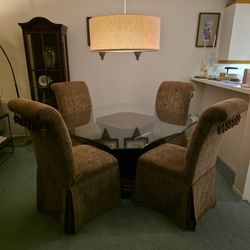 Bombay Co. Hamilton Dining Set - Mahogany Pedestal Base & 6 Tapestry Tassel Chairs - Glass Top