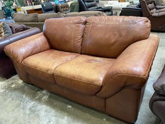 Coffee Brown Leather Loveseat with Plush Decorative Stitch Cushions and Sloped Arms