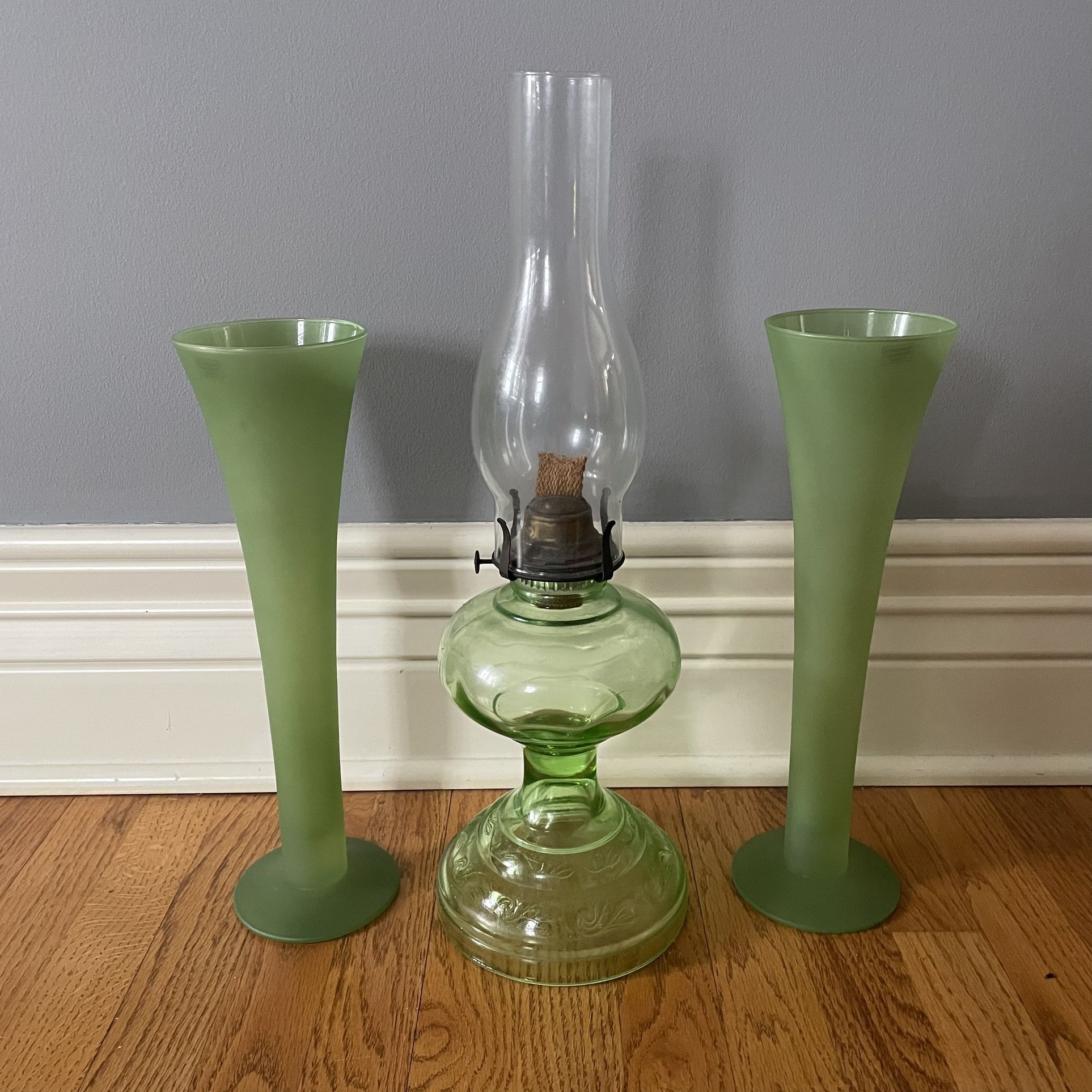 Antique Oil Lantern And 2 Polish Mouthblown Glass Vases