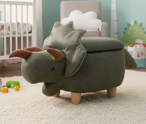 Green Triceratops Plush Kid’s Toy Storage Ottoman Nursery Chair, light cosmetic wear.  36x14x15in