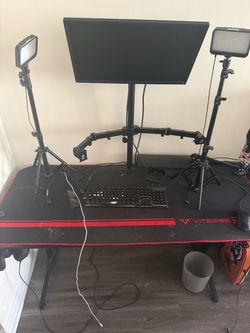 Complete Gaming/Streaming Desk Setup – Desk + Monitor + 3-Monitor Stand + 2 LED Lights