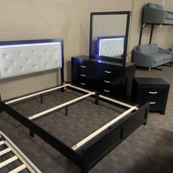 Black Queen LED Light Bed Set With Dresser