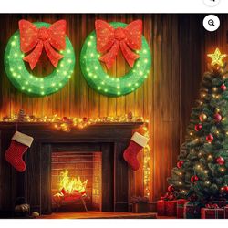 New in box Recaceik Christmas Wreath Decoration Set of 2, 35-in Gaint Holiday Wreath with 90 LED Lights & Large Red Bow for Home Yard, Living Room, Wi