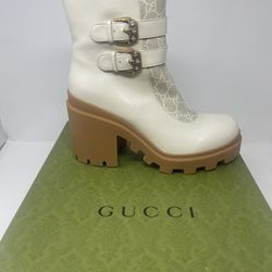 Gucci White Leather GG Supreme Canvas Crystal Buckle Boots Size 6/36.5