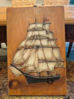 Vintage Tall Ship Painted Relief on Plank