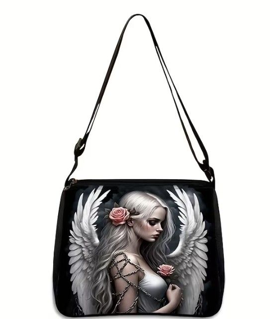 Gothic Fallen Angel Wing & Skull Women' Shoulder Bag - Large Capacity Handbag with Angel/Skull Print, Messenger Bag