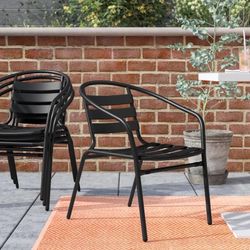 SET OF 4 black metal slat back stackable chairs indoor outdoor patio restaurant bistro cafe porch