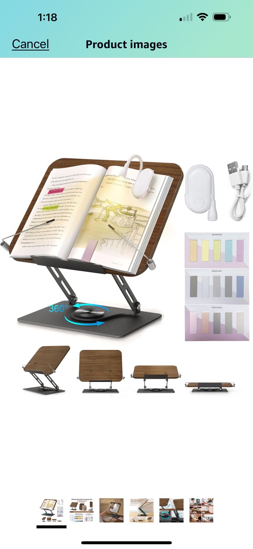Book Stand for Reading with Book Light and 12 Bookmarks, Adjustable Book Holder with 360° Rotating