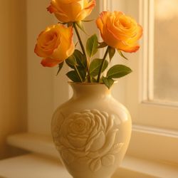 Lenox USA 1970s Rosebud Ivory Porcelain 24K Gold Trim Embossed Vase, 7x4”