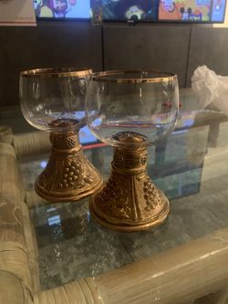 Vintage Set Of 2 Amber glass Goblets 