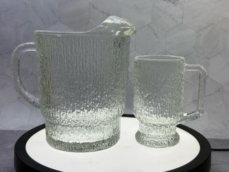 (4) Pieces of Vintage Indiana Glass Co.  Clear Glassware with an Ice/tree bark pattern. (1) 64 Oz Pitcher & (3) mugs. Thick & heavy glass. Excellent c