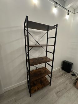 5 Shelf Industrial Bookshelf, Rustic Brown + Black Metal Frame