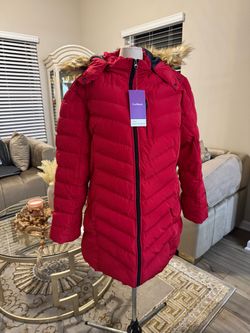 CorBuyin Red Puffer Jacket with Faux Fur Hood