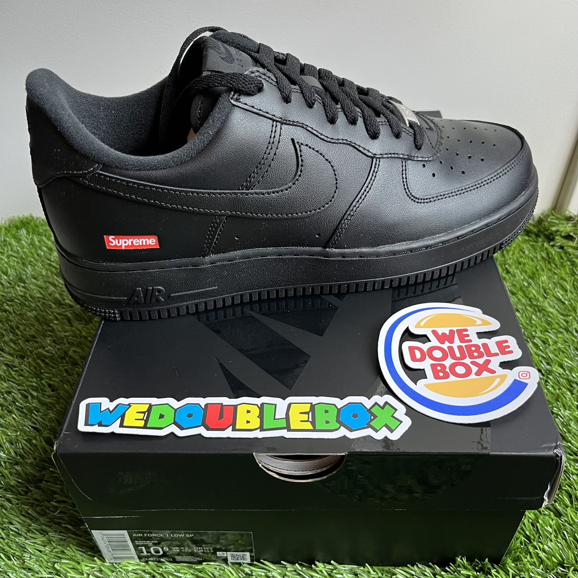 Supreme x Nike Air Force 1 Shoes Size 9.5 Black Low SP Swoosh Box Logo Shoes Sneakers New Deadstock
