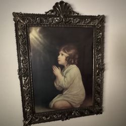 Vintage Lithograph w/ Ornate Filigree Frame and bubble glass