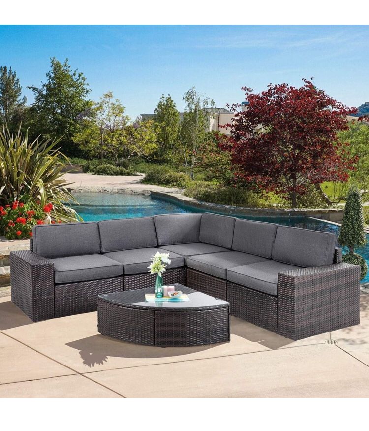 Outdoor Patio Furniture Set 6-Piece Brown Wicker Conversation Sets Modular Sectional Sofa Set with Glass Coffee Table