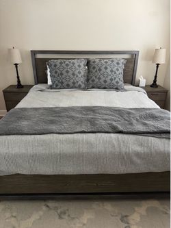 Arhaus Cal King Bed with two night stands and a Purple Mattress