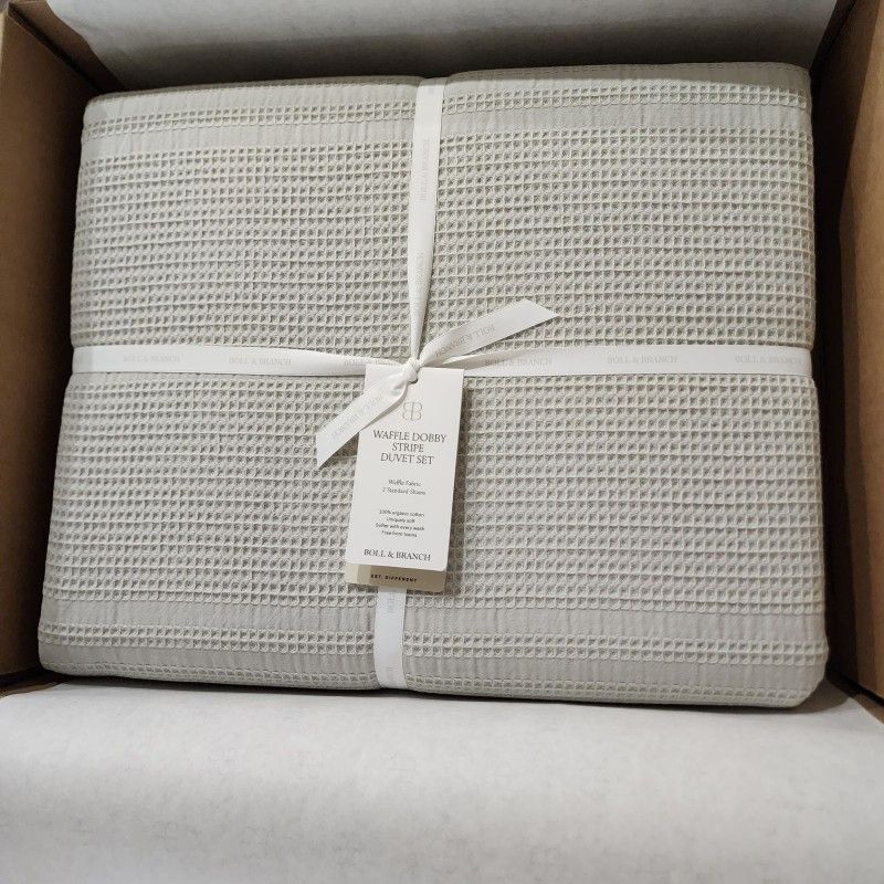 Boll & Branch Waffle Duvet Set - Mist Dobby Stripe