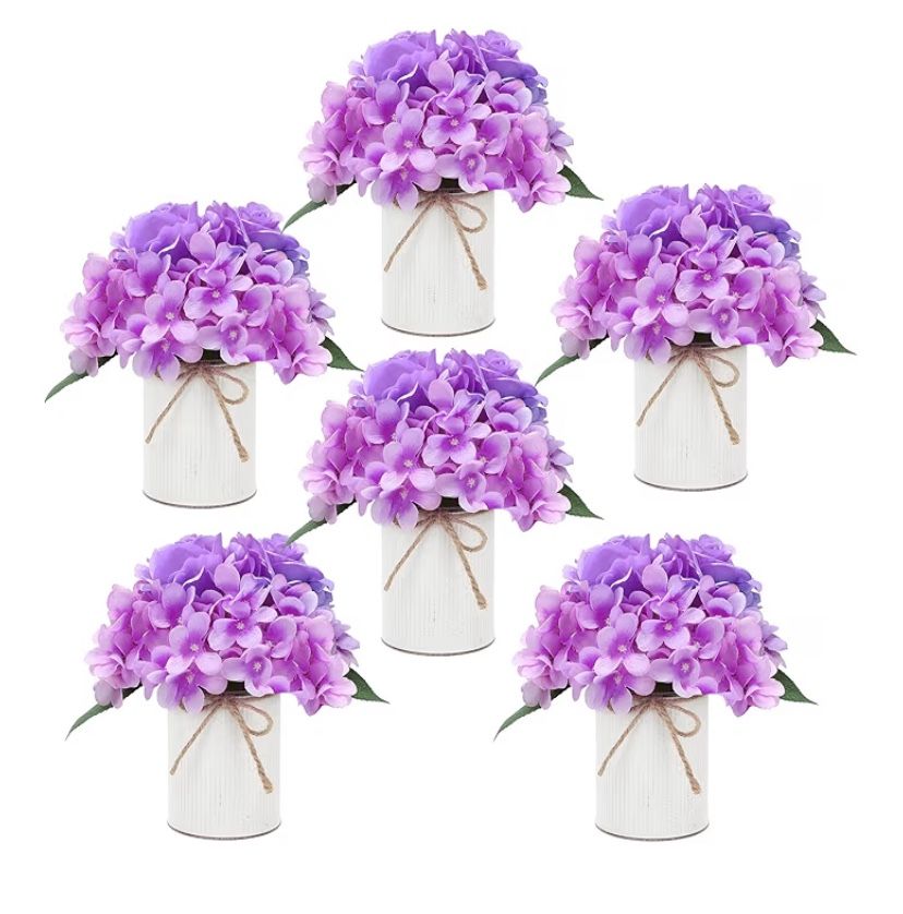 DIYDOFUN Set Of 6 Artificial Rustic Metal Vase Hydrangeas (Purple)