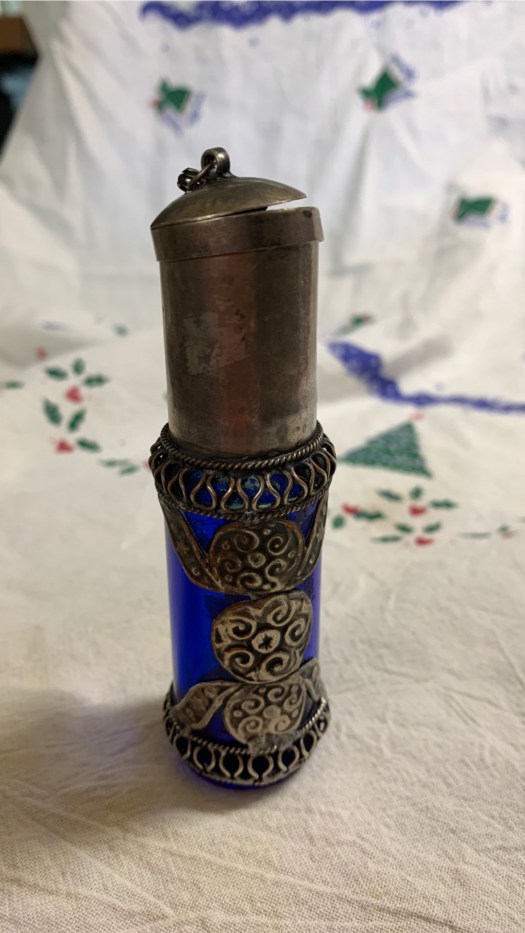 Small vintage Moroccan Blue Glass/Silver Perfume Bottle