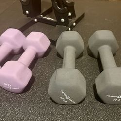 Cast Iron Neoprene Coat ...Set of Dumbbells with Rack; pairs of  12s, o15s and 17.5 lbs.  Specially Design ... the caring of your hands is the focus a