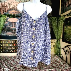 Periwinkle Blue White Leaf Shell Print Sleeveless Button Up Tank Top Size 12