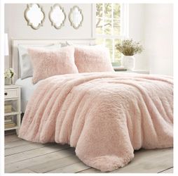 Brand New Emma Faux Fur Comforter Set Blush Pink Queen