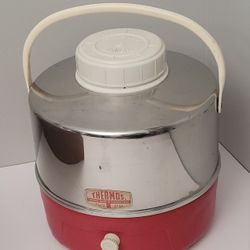 Vtg 1 Gallon Thermos Metal Chrome Aluminum & Red Plastic Picnic Water Jug Cooler