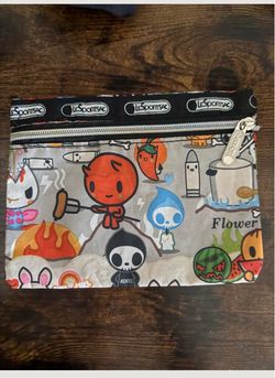 LeSportsac Pouch - Gray with Black Trim and Multicolor Character Print