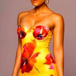 NWT JLux Label Yellow Floral Strapless Dress Size Large 