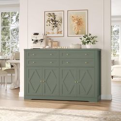 HOSTACK 55"W Kitchen Buffet Sideboard Cabinet with 4 Storage Drawer, Green