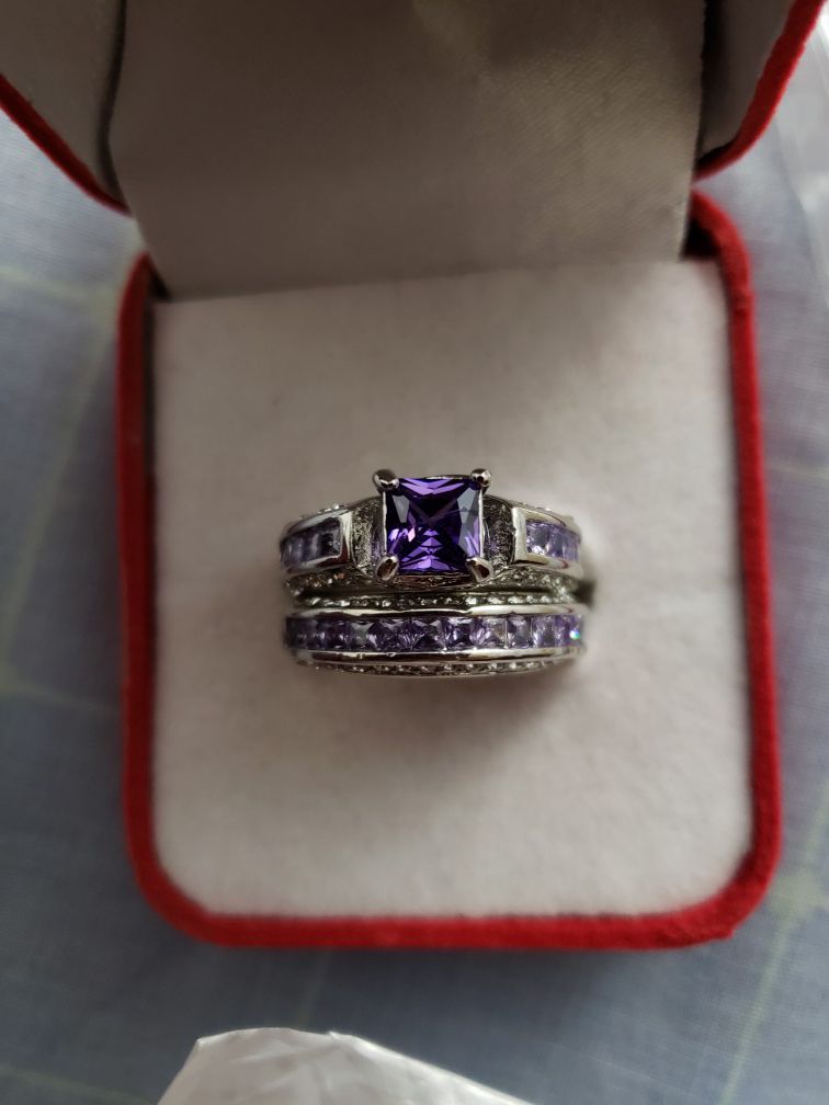 2 pc princess 925 sterling white sapphire diamond wedding rings size 9