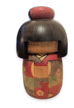 Vintage Japanese Kokeshi Doll, Red Patchwork Kimono, Signed "Made by Kazu"